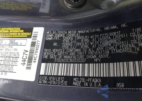 2006 Toyota Sienna Xle Limited из США, поврежденный, VIN 5TDZA22C36S535207